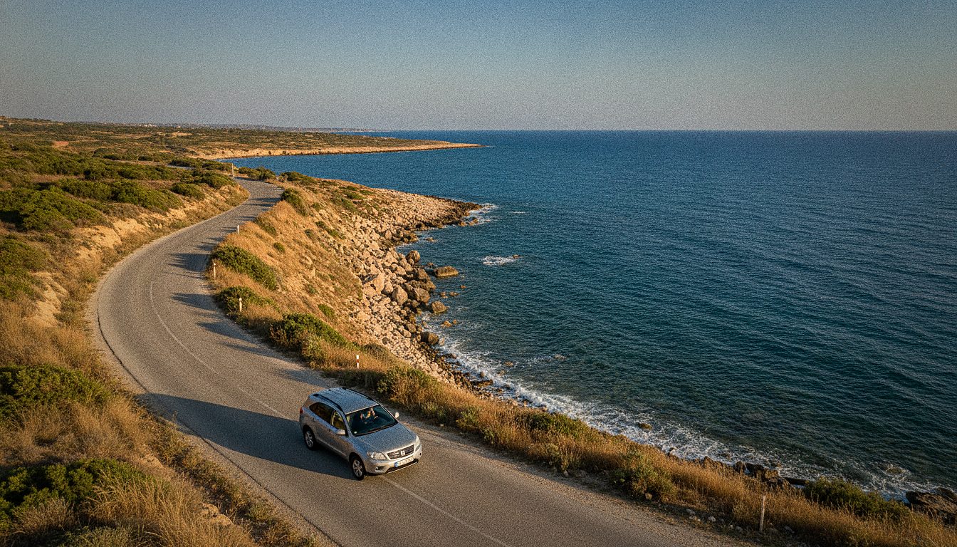 Hire car on a coastal road above the blue sea on the Cyprus coast