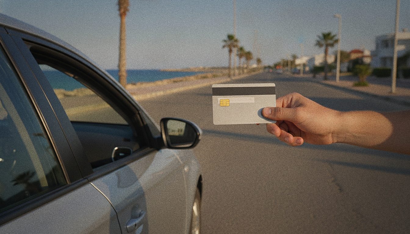 Traveller holding a debit card beside a rental car in Larnaca, Cyprus