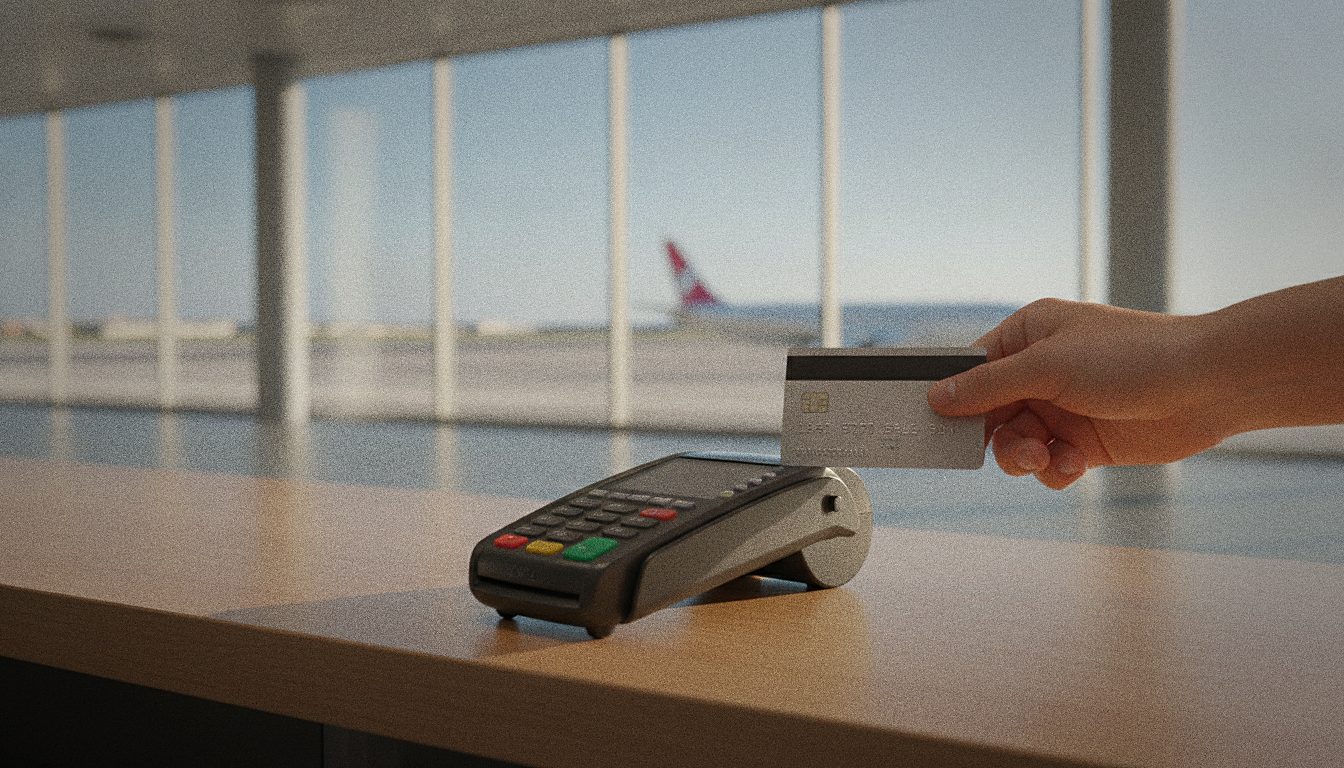 Paying for a car rental with a debit card at a Larnaca Airport counter
