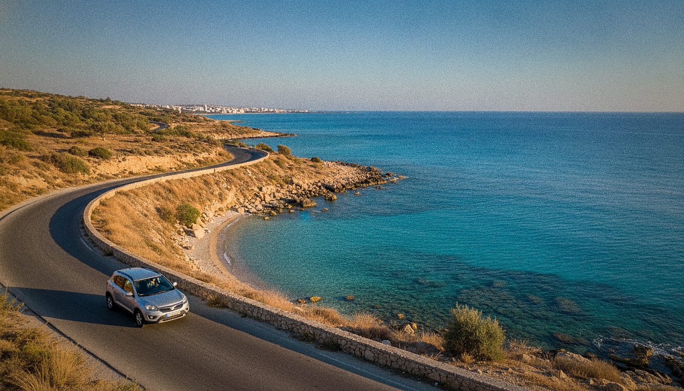 Rental car on a coastal road by the sea near Larnaca in Cyprus
