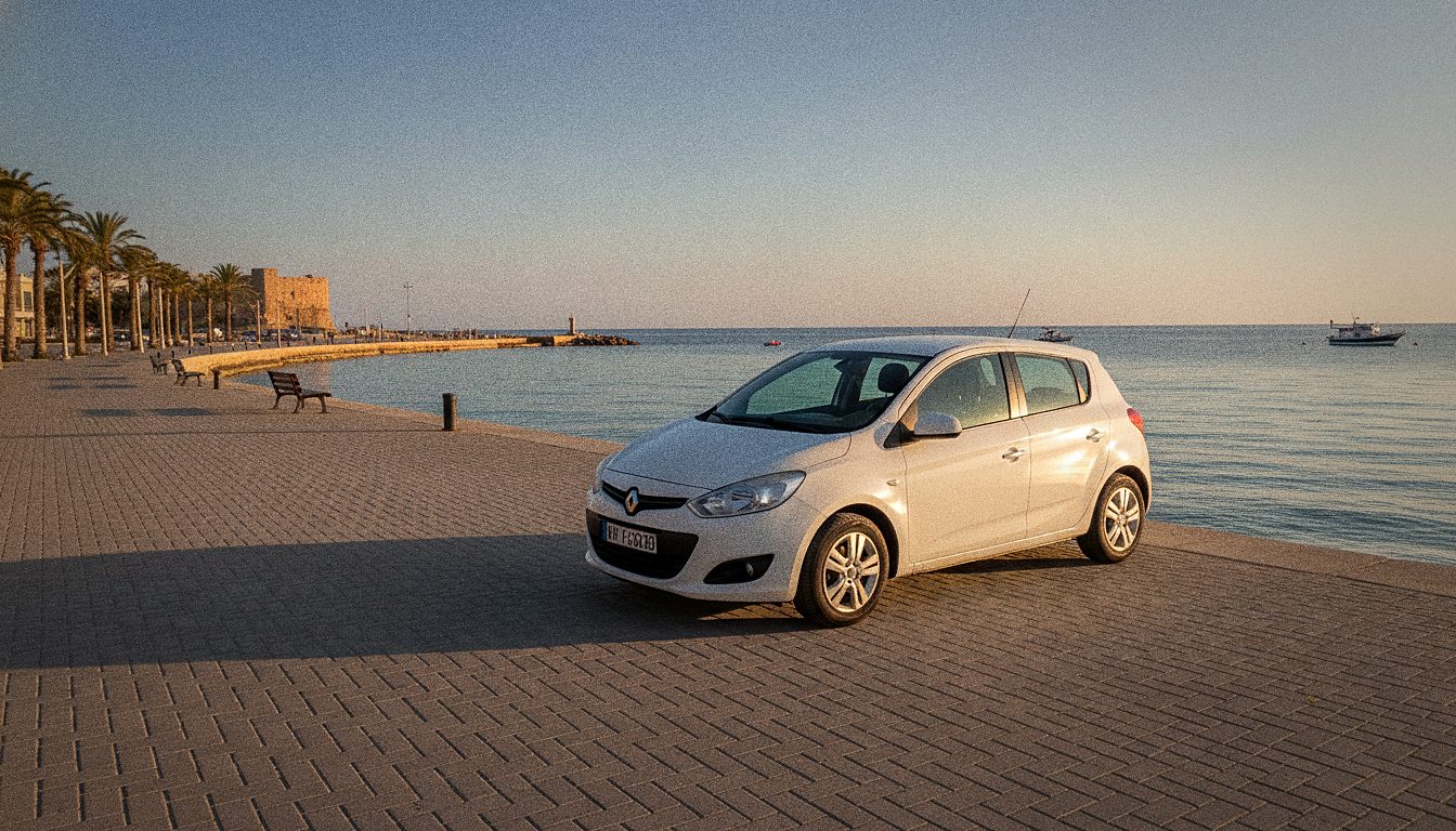 Rental car on the seafront promenade in Larnaca, Cyprus